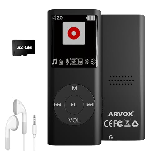 Image of ARVOX 32GB Mini MP3 Music Player with Bluetooth 5.4 & Voice Control Earphones, Video Playback,Pocket-Sized MP3 Player for Music,Voice Recording,FM Radio Expandable Up to 128GB Black