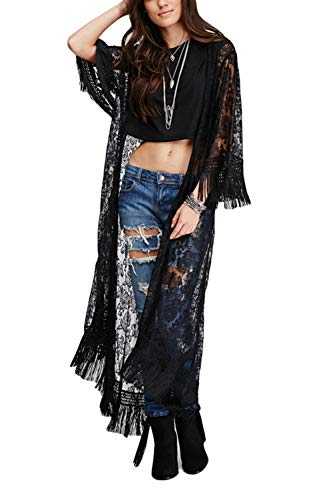 Womens Beach Wear Sheer lace Kimono Cover up with Tassels Floral Lace Bikini Cover ups Long Sleeve Maxi Beach Dress (One Size, 29WS Black)