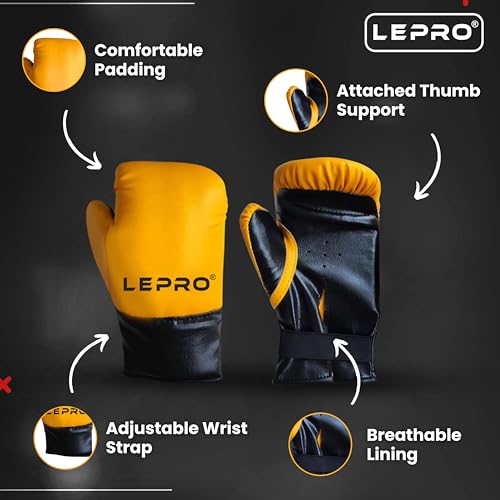 Image of LEPRO Kids Boxing Kit - Hanging Punching Bag Set with Boxing Gloves, Headgear & More for 7-12 Year Olds (Yellow)