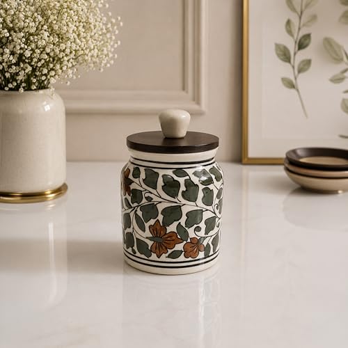 Image of Ceramic Kitchen Jars for Storage | Air Tight Containers with Wooden Lids | Masala, Salt, Pickle, Dry Fruits & Multi Utility Items Organiser Set (Hand-Painted, Green Leaf, 450 ML, Pack of 1)