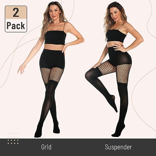 MANZI Womens Faux Thigh High Fishnet Stockings Stitching Opaque Pantyhose Mock Over the Knee Goth Striped Suspender Tights
