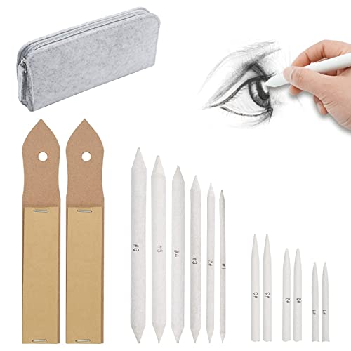 12 PCS Blending Stumps and Tortillions Paper Art Blenders with 2 Sandpaper Pencil Sharpener Pointer for Student Artist Charcoal Sketch Drawing Tools, 1 Felt Bag for Student Sketch Drawing Accessories