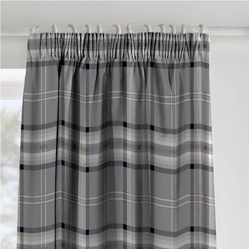 Catherine Lansfield Kelso Check 66x72 Inch Lined Pencil Pleat Curtains Two Panels Charcoal Grey