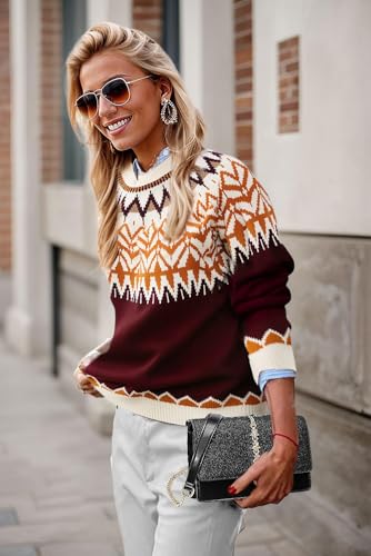 Image of EARKOHA Women's Casual Mock Neck Ribbed Sweater Pullover 2026 Fall Long Sleeve Print Fair Isle Sweater Top