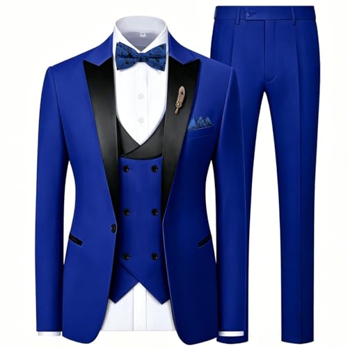Men's Suit Slim Fit 3 Piece 1 Button Suit Tuxedo Blazer Waistcoat Pants with Bow Tie Brooch Peak Lapel Party Royal Blue Prom Tuxedo Men L