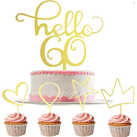 ANCTEY Hello 60 Cake Topper Shiny Gold Acrylic Happy 60th Birthday Cake Toppers Glitter 60th Cake Toppers for Women Men 60th Birthday Decorations Party Supplies Cover