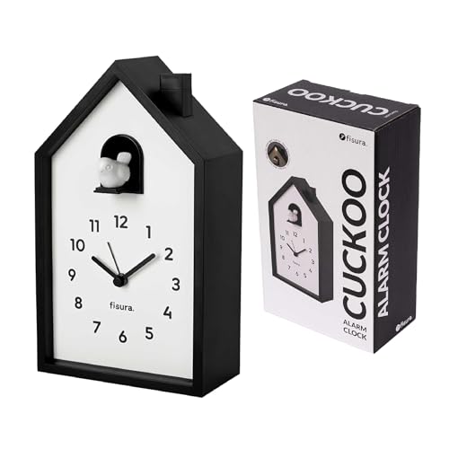 Fisura – Despertador Cuco casita Blanco y Negro. Despertador analógico Original. Despertador de Agujas con botón de Snooze y luz. 3 Pilas AA (no Incluidas)