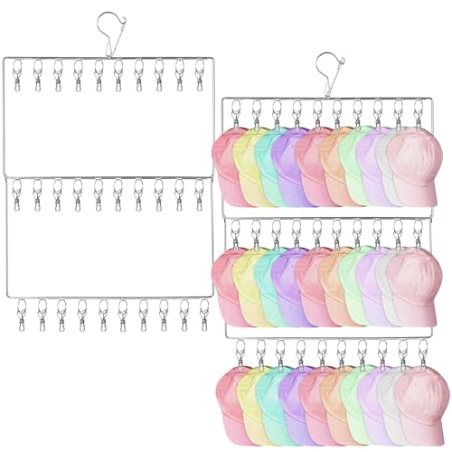 2pcs Stainless Steel Hat Hanger Hat Rack for Baseball Caps,Space Saving Hat Holder Closet Organizers and Storage,30 Hooks