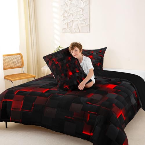 Image of Erosebridal Black and Red Comforter Set Queen Neon Geometric Checkered Bedding Set Gamer Room Decor for Boys,Abstract Grids Quilt Comforter for Kids Teen Men Plaid Check Bed Set 3 Pcs