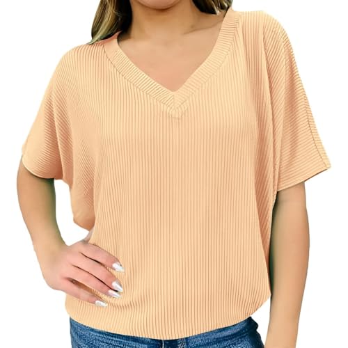 Batwing Tops for Women – Oversized Casual T-Shirt with Banded Waist V Neck Short Sleeve Sweater
