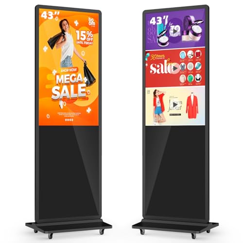 MWE 43 Pulgadas Pantalla Publicidad con 4 Ruedas, Señalización Digital, LCD Monitor Vertical, Sistema Android, Adecuado para Tienda, Restaurante, Centro Comercial, Negro