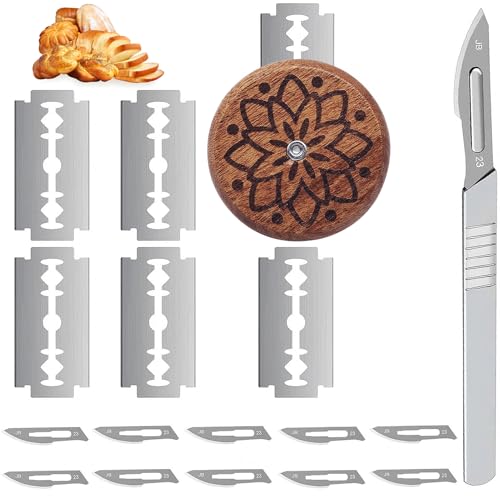 Henjunu Set di 2 Coltello Pane da Panettiere – 15 Lame di Ricambio, Coltello per Tagliare l'impasto, Accessori per la Panificazione per tagli dritti e curvi per la cottura del pane fai da te