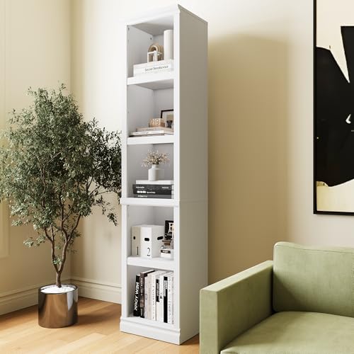Bevfint 70' Tall Bookcase, White Narrow Floor Standing Bookshelf, 5 Tier Shelves Open Storage...