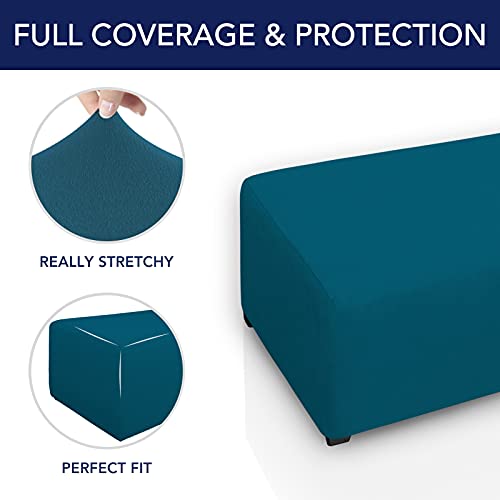 Image of PureFit Stretch Rectangle Ottoman Cover Footstool Cover, Peacock Blue | Fleece Soft Form Fit Ottoman Slipcovers Rectangle Slipcover for Folding Storage with Nonslip Elastic Bottom