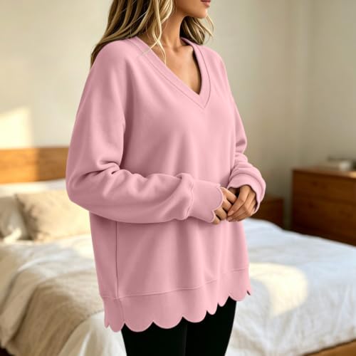 Oversized Pullover Sweaters for Women Casual Scalloped V Neck Tops | Scalloped Edge V neck Sweatshirt ,Relaxed Loose Fit,Lightweight Loungewear,Athletic Daily Trendy Fall Outfits - image 4