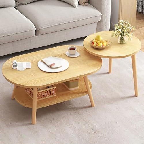 Moderna mesa de centro de 2 niveles con estante abierto rectangular y redondo, elegante acabado marrón, ideal para sala de estar, oficina, decoración del hogar (100 cm)