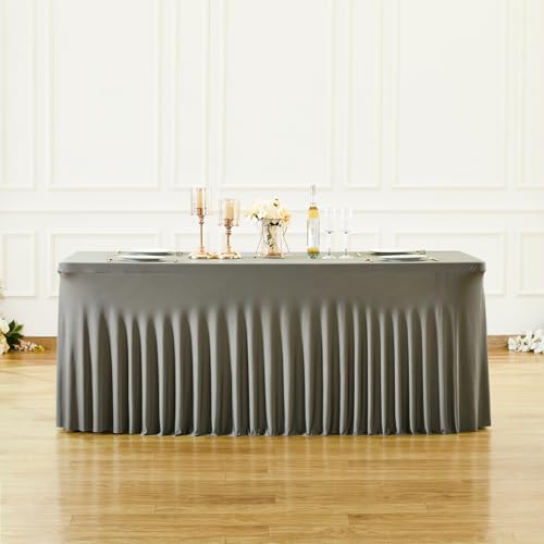 Image of Besutolife Rectangle Table Skirt Black Stretch Tablecloth One-Piece Wrinkle-Resistant Ruffles Design Perfect for Banquets Parties Wedding Dining Table (Grey, 6ft)