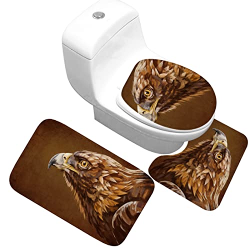 3 Teilig Badematte Set Dunkelbrauner Adler 3D Badematten Set rutschfest, Badezimmerteppich,U-förmiger WC-Vorleger,WC…