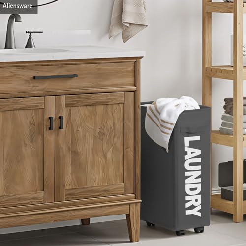 Image of Aliensware Laundry Basket Foldable with Wheels & Side Handle, Washing Clothes Storage Basket, Oxford Cloth Bin, Organizer,Movable Solution,Portable Laundry Bag,Collapsible Hamper-Aliens-Dark Grey