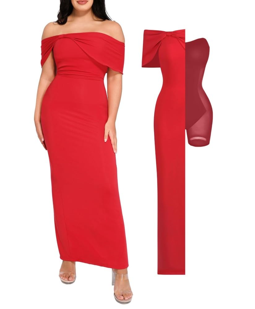 Popilush Off The Shoulder Maxi Dress Wedding Guest Formal Dresses for Women Sleeveless Bodycon Long Shapewear Prom Dress