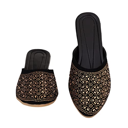 Image of Bellies for Women |Slip on Juttis Soft Padded |Stonework Mules for Ladies| Sparkling Upper |Back Open Casual Flats| Stylish Footwear Sandals for Ladies|Punjabi Mojari Half Shoes