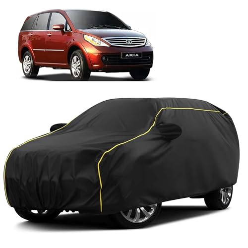 Image of Sulfar 100% Water Resistant Car Body Cover Compatible with Mirror for Tata Aria (Triple Stitched, Full Bottom Elastic, Black Taffeta with Yellow Piping)