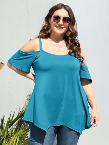 Image of LARACE Cold Shoulder Tops for Womens Summer Clothes Spaghetti Strape Tunic Oversized Shirts Asymmetrical Plus Size Blouse