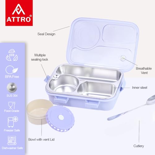Image of ATTRO Lunch Pro Deluxe 3 Lunch Box with Detachable Inner Steel Compartments, Spoon, one Small Container, Heating Water Insulation Design, Foodgrade, Leakproof -750ml Purple