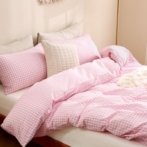 Image of TOCOMOA Pink Gingham Duvet Cover Bedding Set 100% Washed Cotton Like Linen Feel Super Soft Comfortable 2 Piece Cute Plaid Checkered Comforter Cover Set (Twin 68 inchx90 inch, Comforter Not Included)