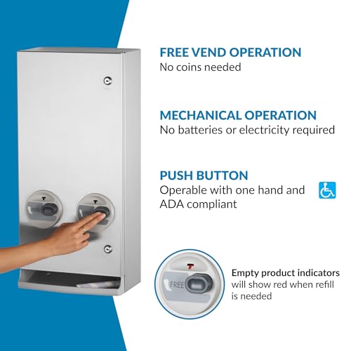 Image of Bobrick Napkin and Tampon Dispenser, Free Vend, Surface-Mounted, ADA Compliant, Stainless Steel, Satin Finish Holds 30 Tampons & 20 Napkins Push-Button Operation Easy Access Adjustable Coin Settings