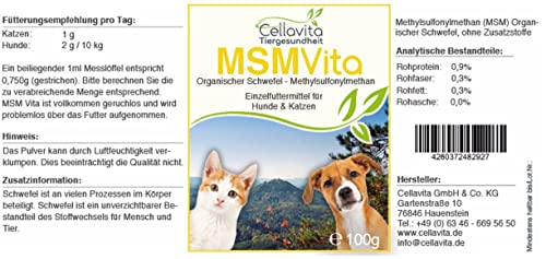 Cellavita MSM Organischer Schwefel (Metyhlsulfonylmethan) für Hunde & Katze & Tiere (100g)