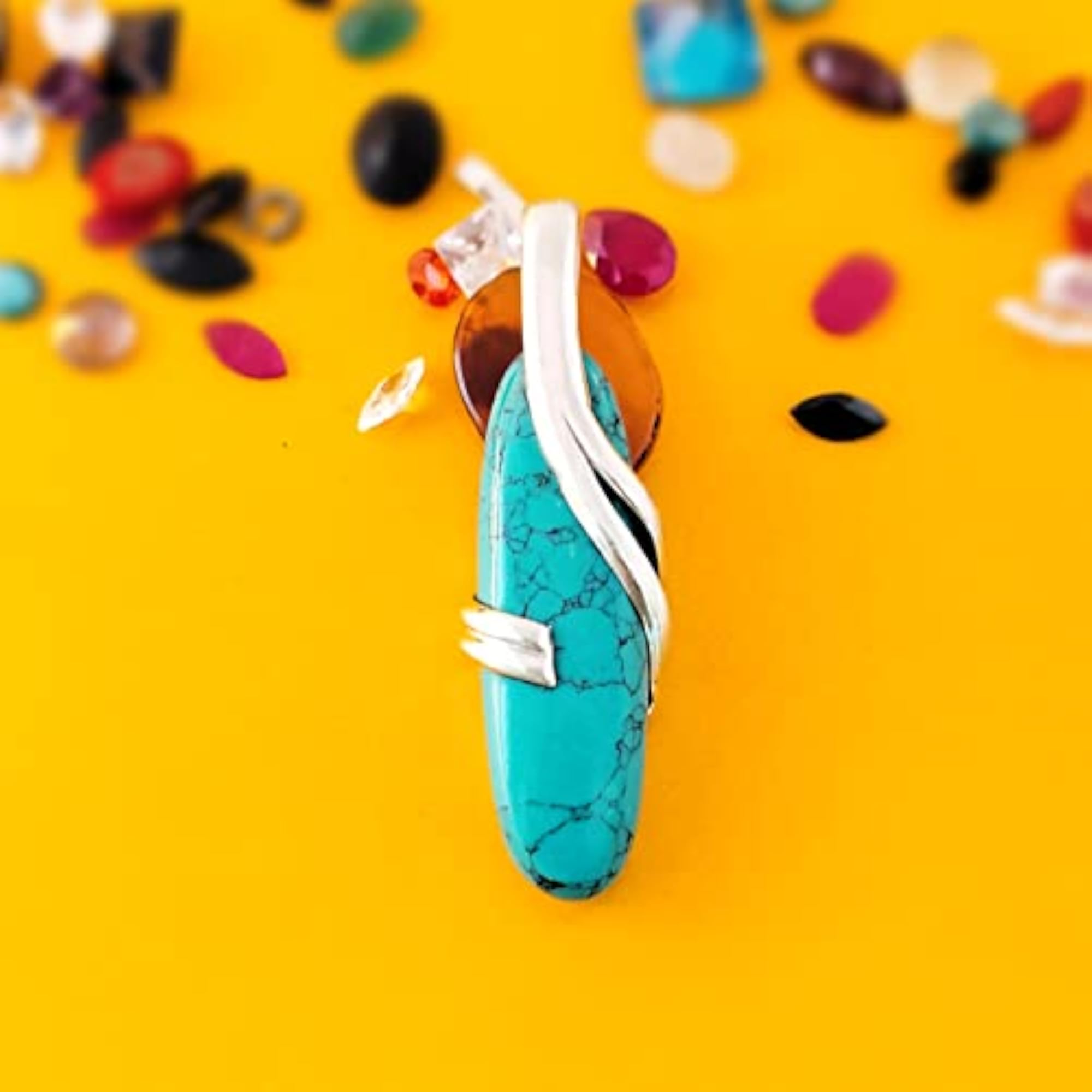 Long Oval Shape Pendant with Ruby, Emerald, and Turquoise