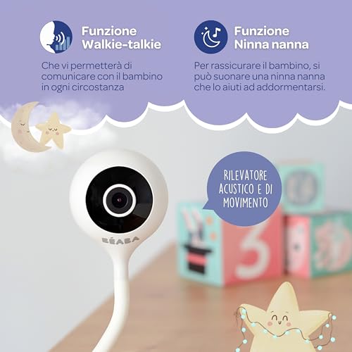 BÉAba - Babyphone Zen Connect, Baby Monitor, Videocamera Full Hd 1090P, Walkie-Talkie, Portata Elevata, Connessione Smartphone E Wi-Fi, Ninnananna, Asta Flessibile, Bianco - 4