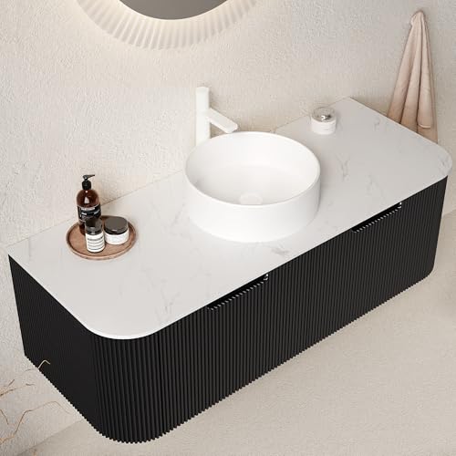 Image of KEIKI 48 inch Wall-Mounted Floating Bathroom Vanity with Sink, Pre-Assembled Storage Cabinet with 3D Textured Drawers & Curved Edge Design, Durable Ceramic Basin, Black