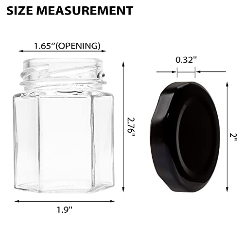 Comrzor 3 OZ Mini Hexagon Glass Jars, 30 Pack Empty Honey Jars Small Spice Jars with Black Lids, Sponge Brushes and 40pcs Labels for Jam, Homemade Projects, Gifts, Wedding Party Favors