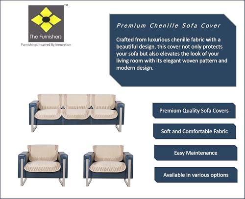 Image of Premium Beige Chenille Woven Anti-Slip 5 Seater Sofa Cover | L-Shape Sofa Seat Protector for Living Room | Durable & Stylish Slipcover - Beige 3D
