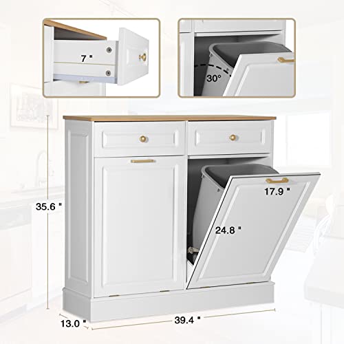 Anbuy Double Kitchen Trash Cabinets Dual Tilt Out Trash Cabinet with Two Wood Hideaway Trash Holder Drawers, Free Standing Recycling Cabinet Trash Can Holder (Dual White)