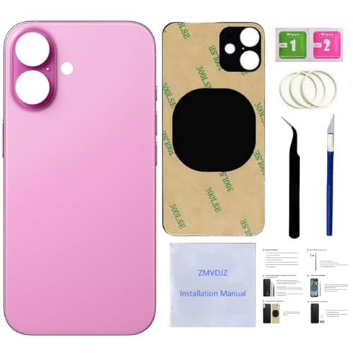 16 Back Glass Replacement for iPhone 16 Back Cover Glass (Pink, 6.1 Inches) with Pre-Installed Tape +Installation Instruction + Repair Tools (Pink)