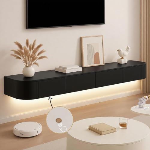 Image of Floating TV Stand Wall Mounted - Wall Entertainment Center with Flip-Down Doors & Drawers, Modern Hanging TV Shelf for Living Room, Media Console for 65 /75 80 Inch TVs (Black - B, 102.4 IN /260CM)
