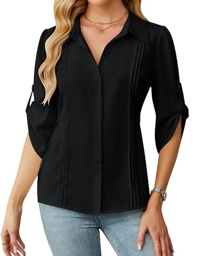 Blooming Jelly Womens Button Down Shirt 3/4 Sleeve Collared Pleated Business Casual Tops 2025 Ladies Trendy Summer Work Blouse (Small, Black)