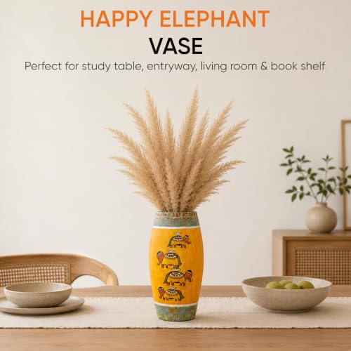 Image of Aakriti Art Creations Happy Elephant Yellow Terracotta Vase | Hand-Painted Madhubani Art Decorative Vase | Matte Finish Flower Vase for Living Room, Table & Floor Decor