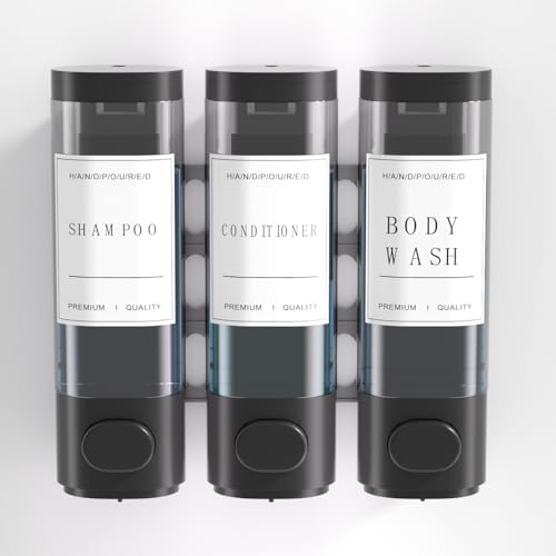 3-Chamber no-Drill Shower Dispenser - Wall Mounted soap Dispenser for Bathroom, Perfect for Shampoo, Conditioner - Easy-to-use Plastic soap Dispenser,Black,Hotel Large Capacity (Black)