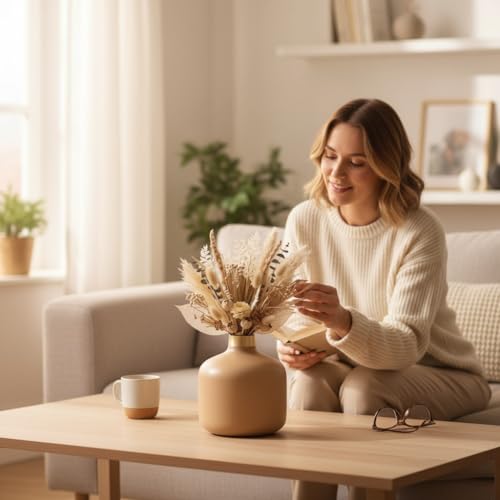 Image of Artful Living India - Round Metal Flower Vase | Round Vintage Vase for Living Room, Table, Office Decoration & Home Decor | Antique Decorative Metal Vase (Warm Beige)