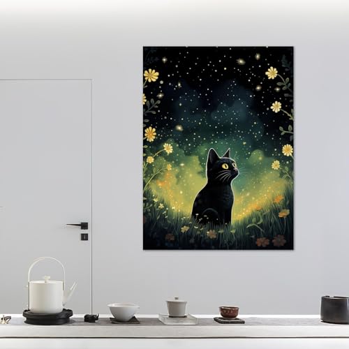 Tableau chat noir avec cadre intérieur pour habiller un mur vide sans effort 28x35"