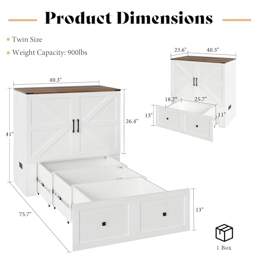 Image of AMERLIFE Twin Murphy Bed Cabinet with Charging Station and Storage Drawer, Farmhouse Foldable Platform Bed for Home Office, Apartment, Small Spaces, Distressed White