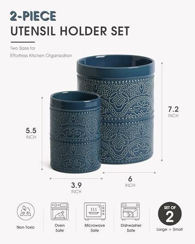 Image of FUN ELEMENTS Kitchen Utensil Holder, 7.2+5.5 inch Super Large Utensil Crock Heavy and Stable Lace Emboss Ceramic Utensil Holder for Kitchen Counter(2Pcs Grayish Blue)