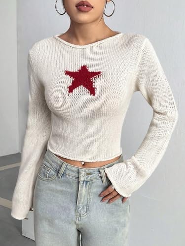 Image of SOLY HUX Women's Y2K Fairy Grunge Jumper Sweater Graphic Long Sleeve Pullover Vintage Knitted Crop Top Apricot Star Medium