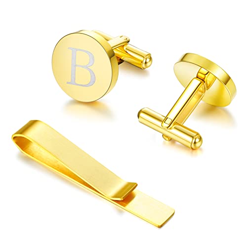 Diamday Initial Cufflinks And Tie Clip Set For Men Personalized Gold Stainless Steel Cuff Links And Tie Bar Letter Alphabet B Gift With Box For Wedding, Groomsmen, Husband,Father #TOP1