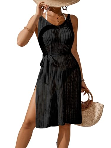 Womens Crochet Knit Waist Bow Tie Beach Midi Dress Summer 2025 Scoop Neck Side Slit Bathing Suit Cover Up