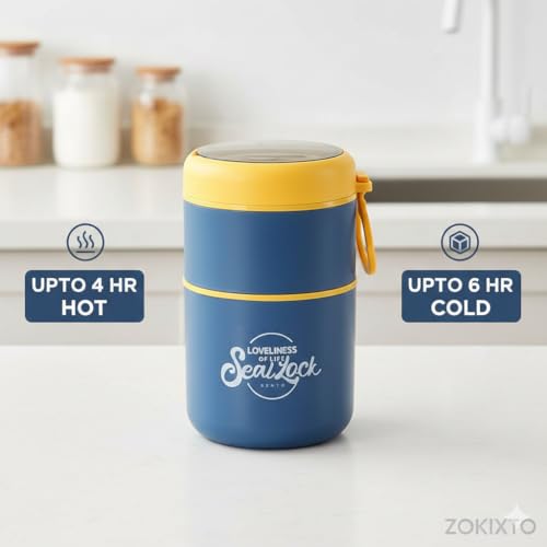 Image of 780ml Stainless Steel Lunch Box with Spoon, Handle, Leak Proof Small Container for Snack, Diet & Prep Food, Stackable Stainless Steel 2 Tier Men's Lunchbox for Work (Blue)